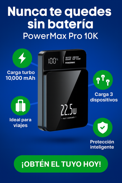 POWER MAX PRO- puedes cargar hasta 3 dispositivos al mismo tiempo, en tiempo récord y sin depender de enchufes.
