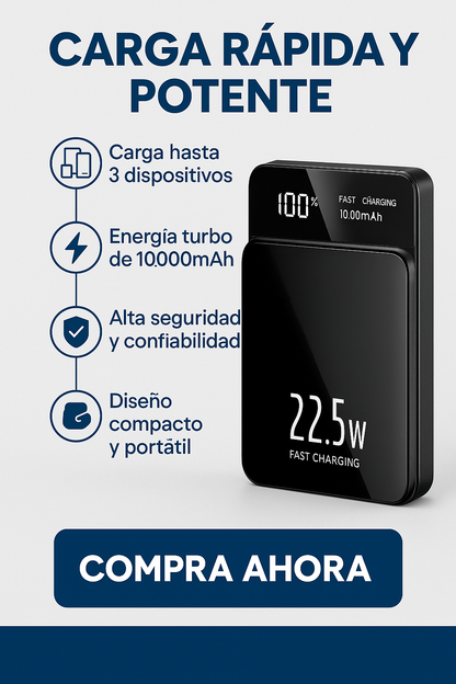 POWER MAX PRO- puedes cargar hasta 3 dispositivos al mismo tiempo, en tiempo récord y sin depender de enchufes.